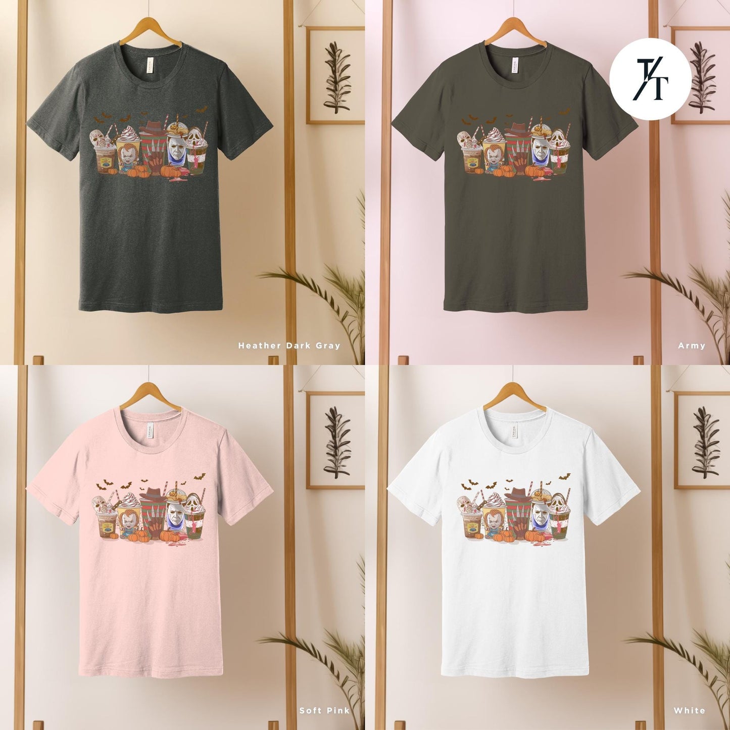 a group of t - shirts hanging on a wall, a group of Halloween horror characters on coffee cups , Halloween horror characters coffee shirt, Horror Character Coffee Cups Shirt, Halloween Drink Cozy Fall Pumpkin Spice Latte Womens Fall tee