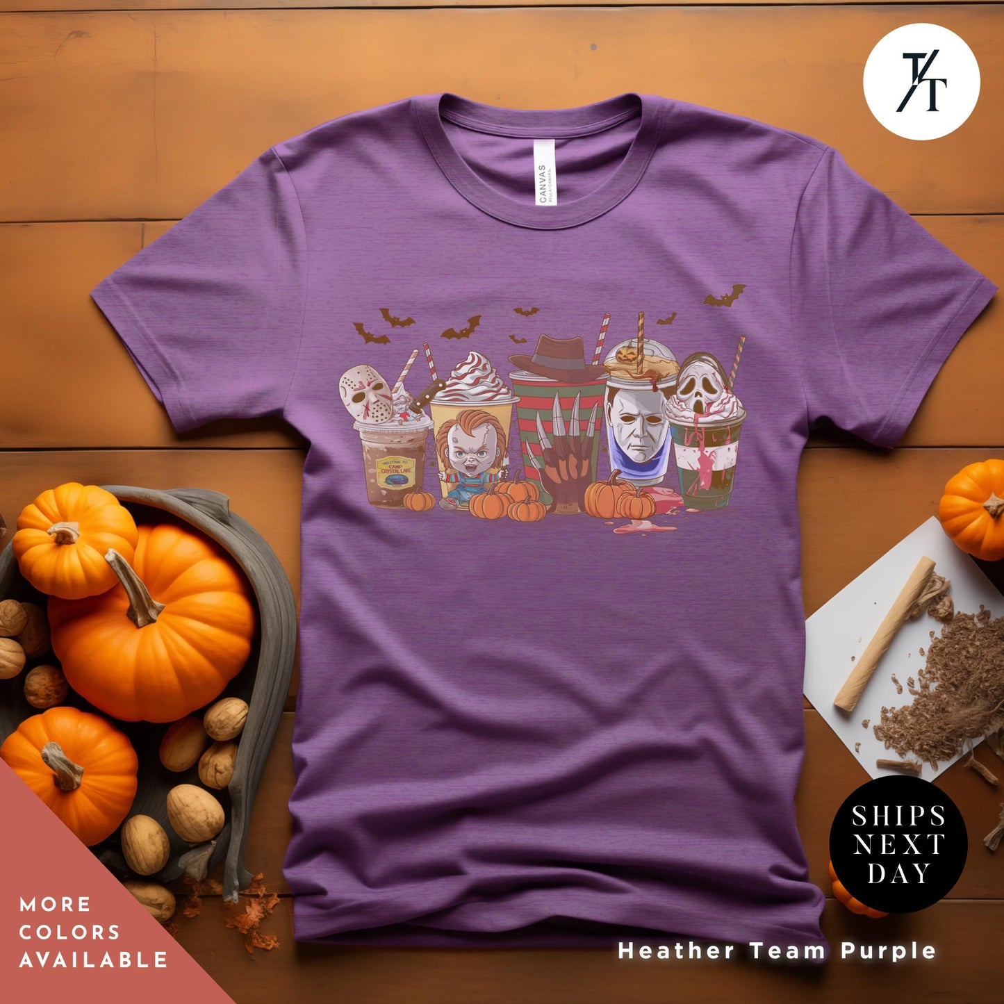 a purple t - shirt with a picture of a group of Halloween horror characters on coffee cups , Halloween horror characters coffee shirt, Horror Character Coffee Cups Shirt, Halloween Drink Cozy Fall Pumpkin Spice Latte Womens Fall tee