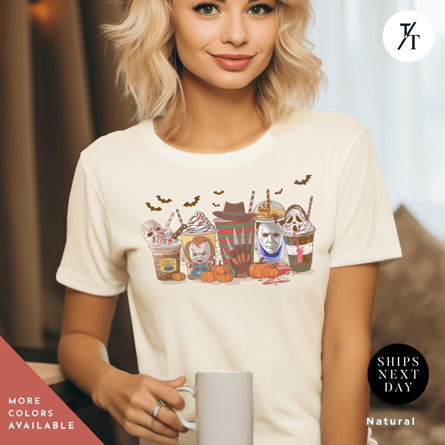 a woman is holding a coffee mug and smiling, a group of Halloween horror characters on coffee cups , Halloween horror characters coffee shirt, Horror Character Coffee Cups Shirt, Halloween Drink Cozy Fall Pumpkin Spice Latte Womens Fall tee