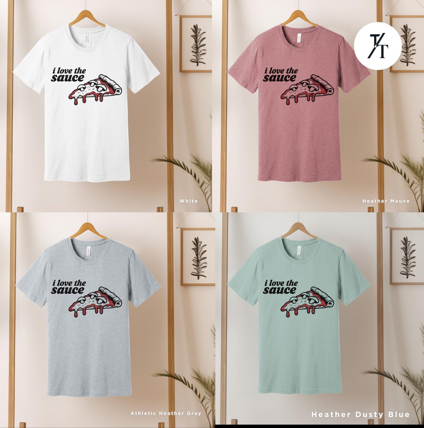 four t - shirts hanging on a wall with a plant in the background, Pizza Lover Gift, Retro Funny Pizza Shirt, Pop Culture Tee, Vintage Pizzas Graphic T-Shirt, Pizzas Theme Birthday Party Shirts,