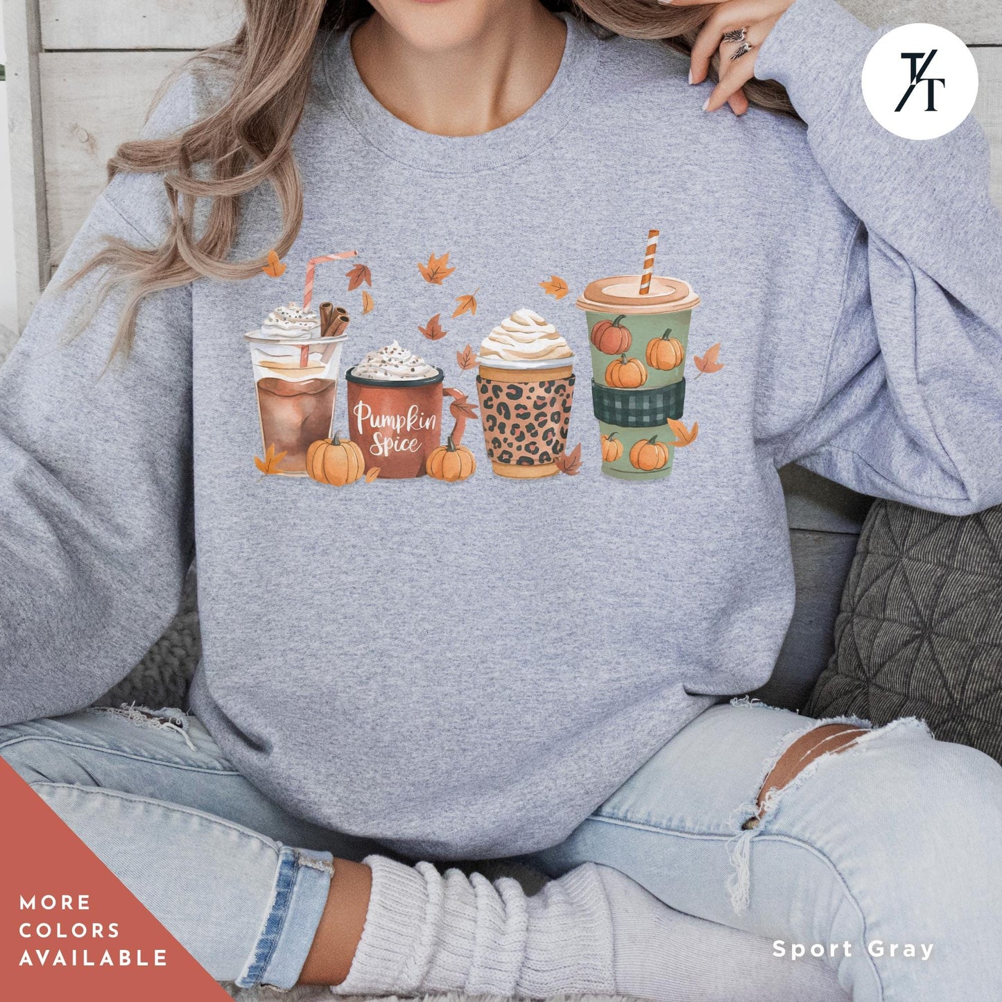 a woman sitting on a chair wearing a sweatshirt with coffees on it, fall coffee sweatshirt for women, thanksgiving sweater, Thanksgiving Shirt, pumpkin spice sweatshirt, fall crewneck tee, pumpkin spice shirt