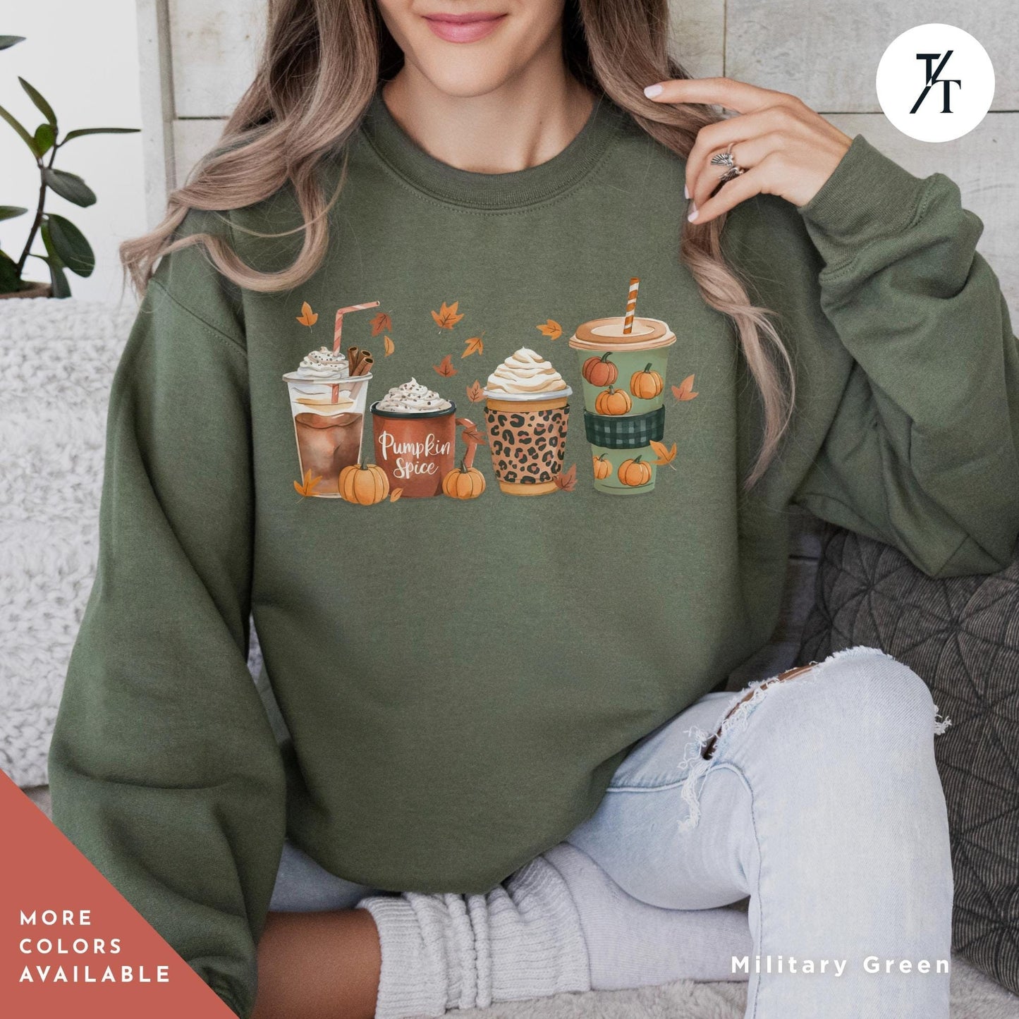 a woman wearing a green sweatshirt with coffee and pumpkins on it, fall coffee sweatshirt for women, thanksgiving sweater, Thanksgiving Shirt, pumpkin spice sweatshirt, fall crewneck tee, pumpkin spice shirt