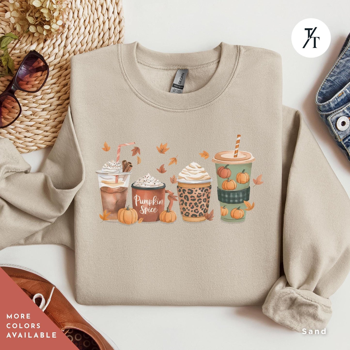 a sweatshirt with coffee and pumpkins on it, fall coffee sweatshirt for women, thanksgiving sweater, Thanksgiving Shirt, pumpkin spice sweatshirt, fall crewneck tee, pumpkin spice shirt
