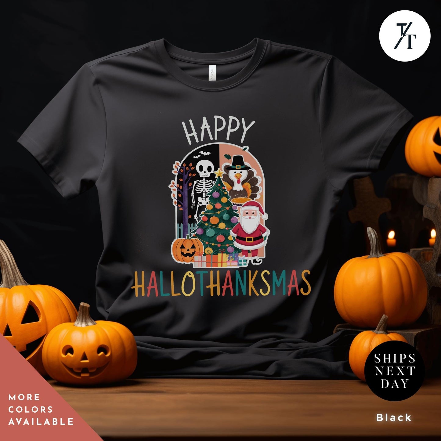 happy hallothanksmas shirt holiday season shirt happy halloween thanksgiving christmas shirts funny halloween gift, fall shirts autumn tee
