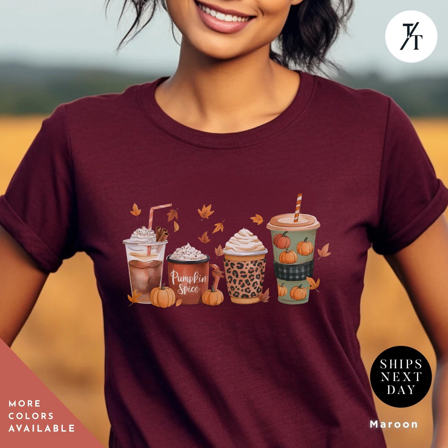 a woman wearing a t - shirt with coffees and pumpkins on it, Cute Fall Pumpkin Coffee Drink Thanksgiving Shirt, Halloween tShirt, Coffee Lover Womens Fall tShirt, Pumpkin Spice tee