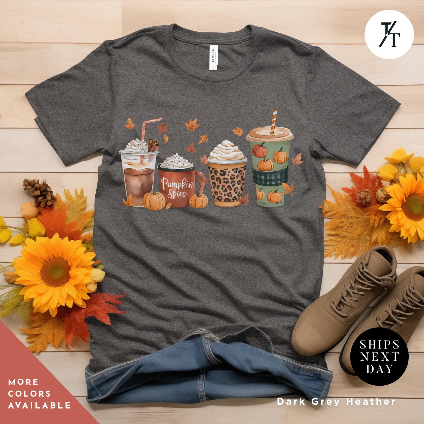 a t - shirt with coffee and pumpkins on it, Cute Fall Pumpkin Coffee Drink Thanksgiving Shirt, Halloween tShirt, Coffee Lover Womens Fall tShirt, Pumpkin Spice tee