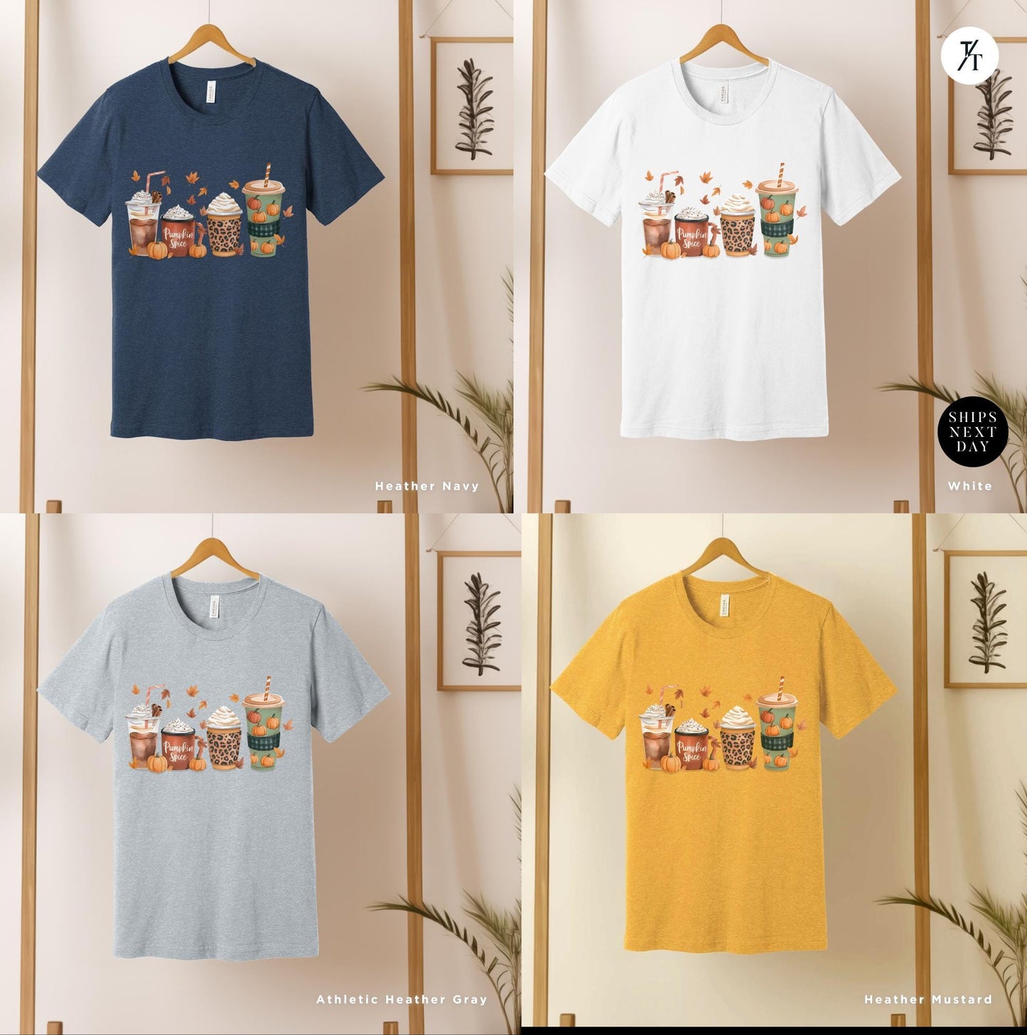a group of t - shirts hanging on a wall, Cute Fall Pumpkin Coffee Drink Thanksgiving Shirt, Halloween tShirt, Coffee Lover Womens Fall tShirt, Pumpkin Spice tee