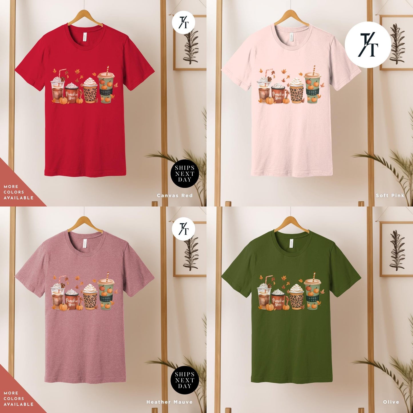a bunch of t - shirts hanging on a wall, Cute Fall Pumpkin Coffee Drink Thanksgiving Shirt, Halloween tShirt, Coffee Lover Womens Fall tShirt, Pumpkin Spice tee