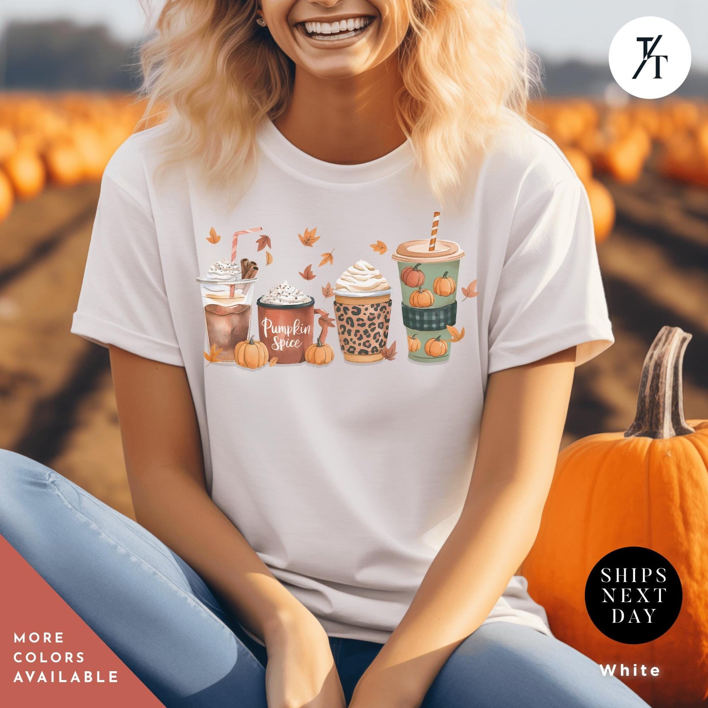 a woman sitting on a pumpkin patch wearing a t - shirt, Cute Fall Pumpkin Coffee Drink Thanksgiving Shirt, Halloween tShirt, Coffee Lover Womens Fall tShirt, Pumpkin Spice tee