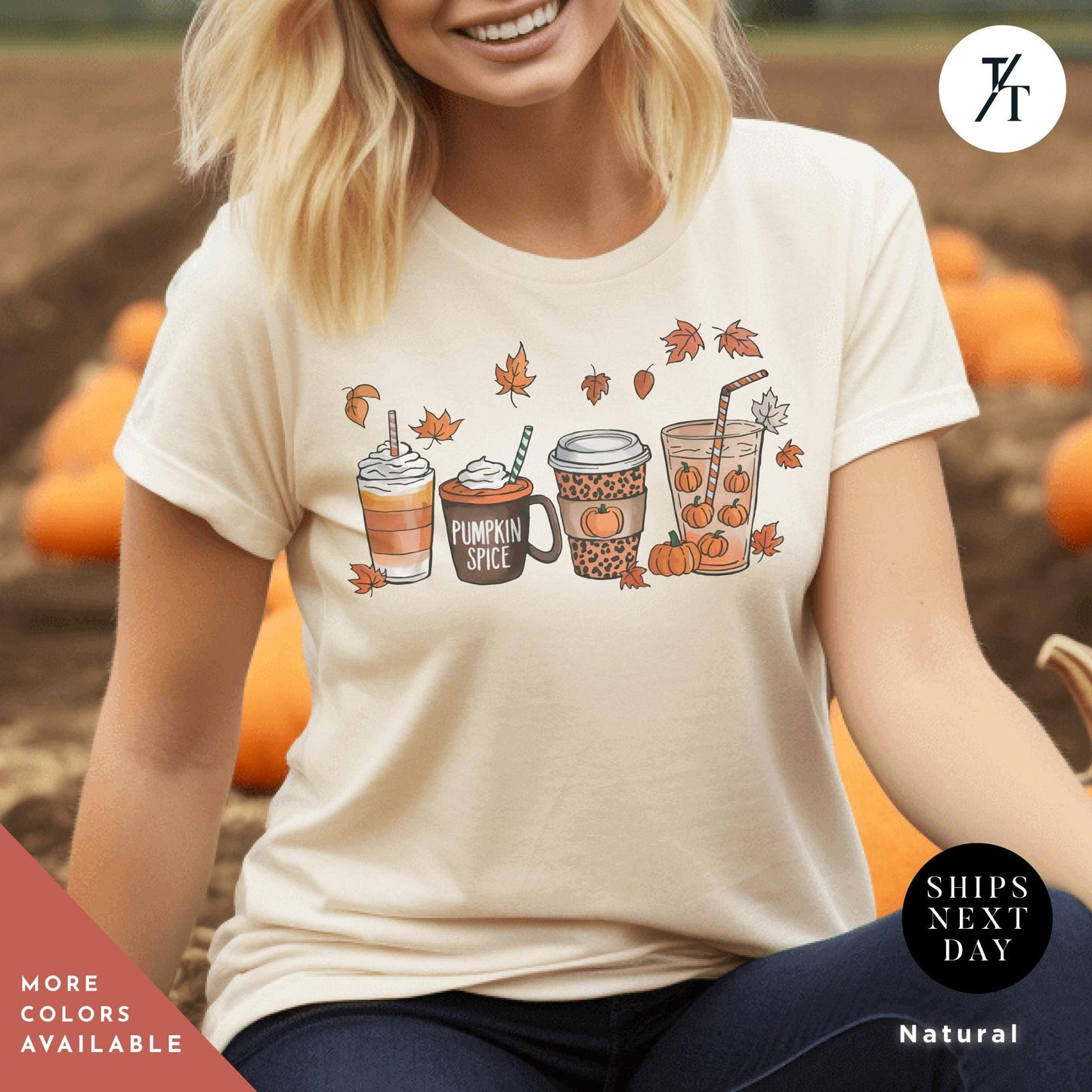 a woman wearing a t - shirt with a picture of coffees on it, Cute Fall Pumpkin Coffee Drink Thanksgiving Shirt, Halloween tShirt, Coffee Lover Womens Fall tShirt, Pumpkin Spice tee