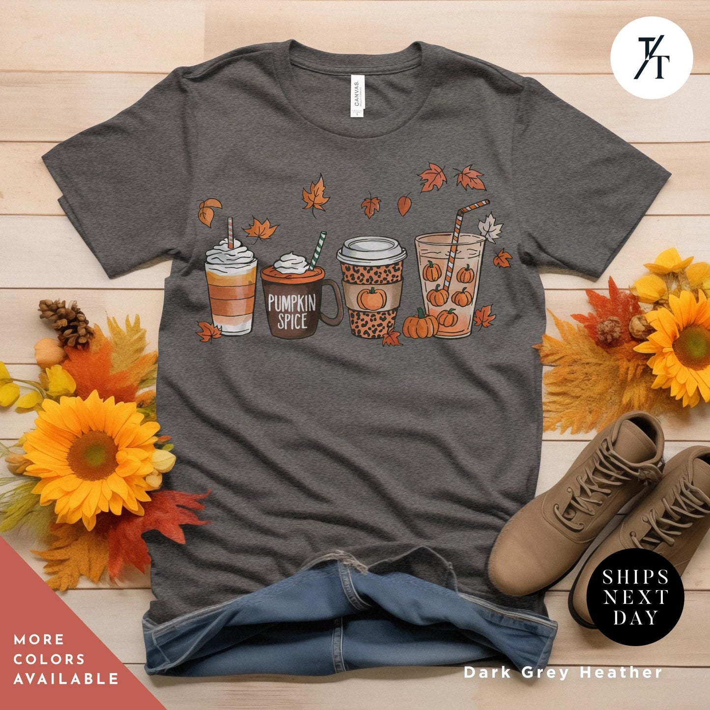 a t - shirt with coffee and fall leaves on it, Cute Fall Pumpkin Coffee Drink Thanksgiving Shirt, Halloween tShirt, Coffee Lover Womens Fall tShirt, Pumpkin Spice tee