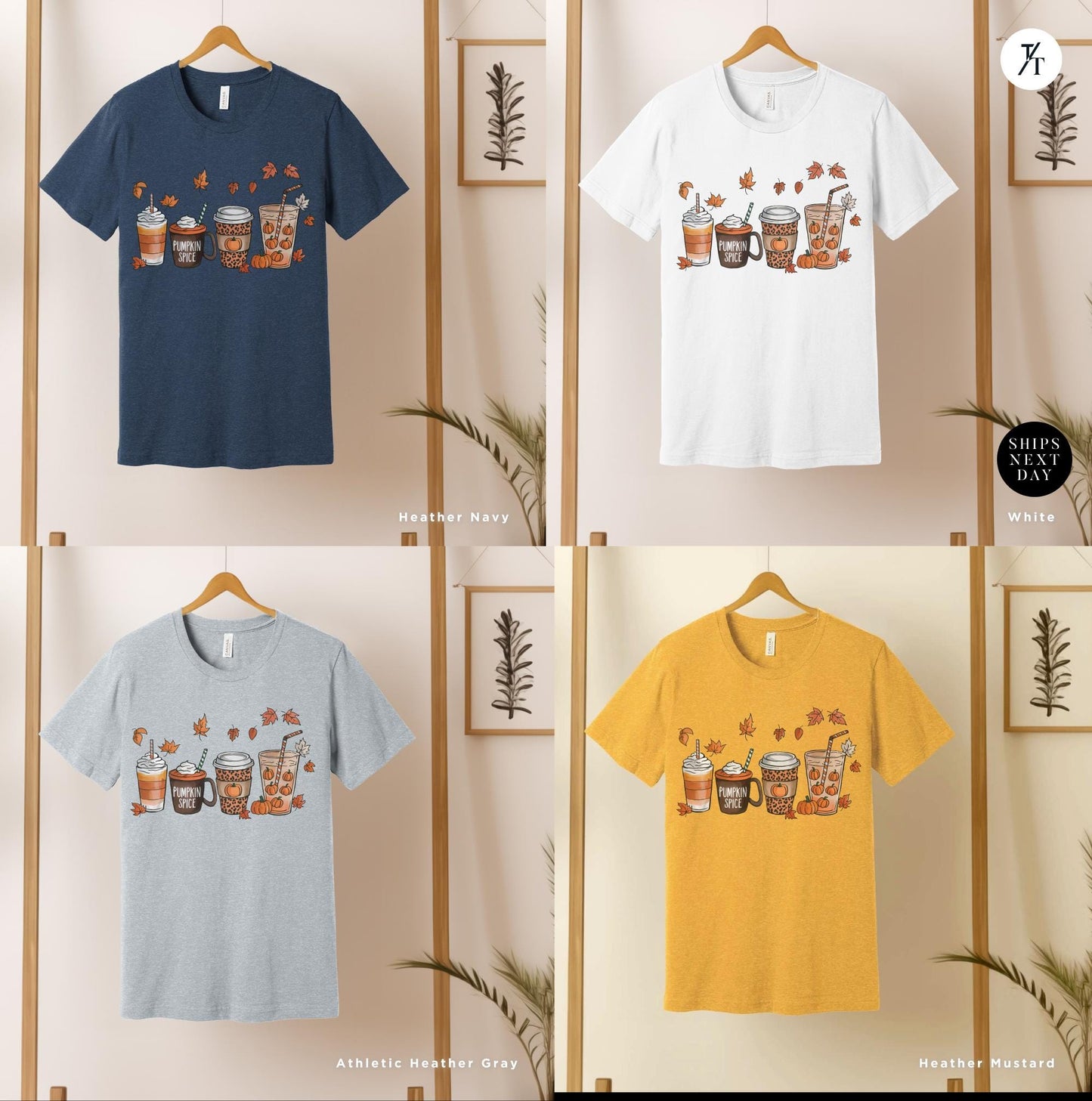 a group of t - shirts hanging on a wall, Cute Fall Pumpkin Coffee Drink Thanksgiving Shirt, Halloween tShirt, Coffee Lover Womens Fall tShirt, Pumpkin Spice tee