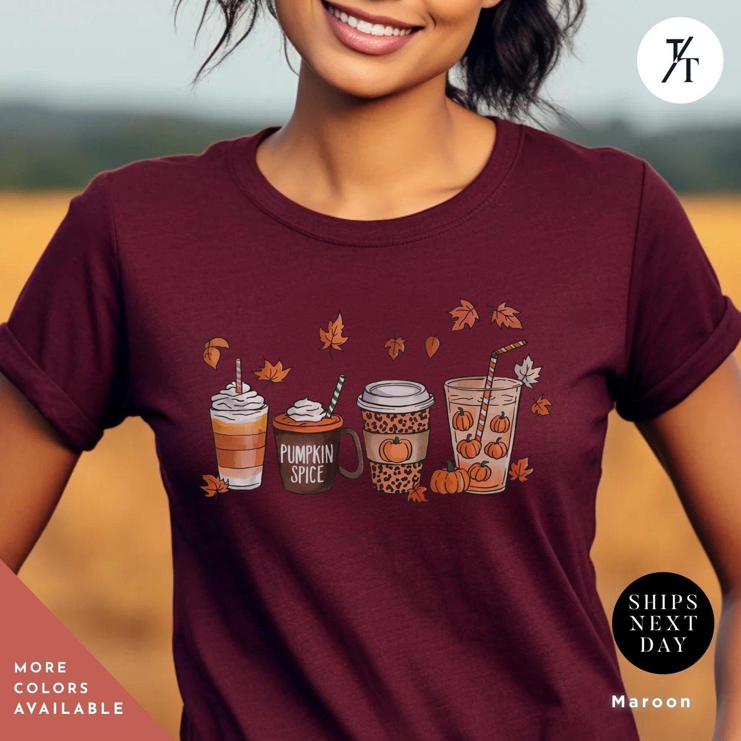 a woman wearing a t - shirt with a picture of coffees and pumpkins, Cute Fall Pumpkin Coffee Drink Thanksgiving Shirt, Halloween tShirt, Coffee Lover Womens Fall tShirt, Pumpkin Spice tee