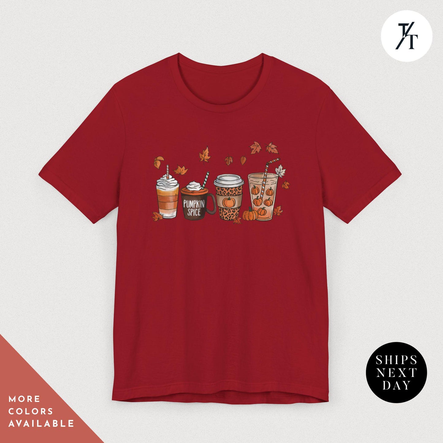 a red t - shirt with three cups of coffee on it