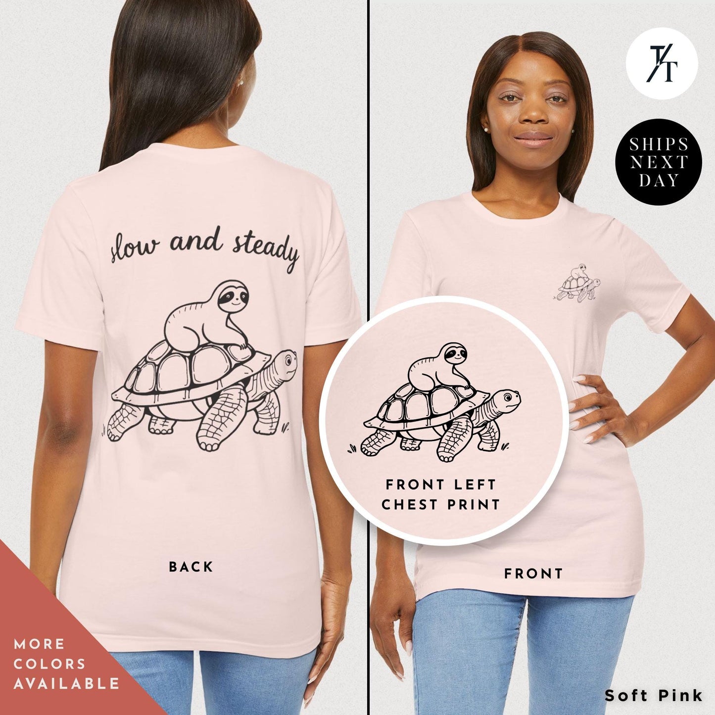 a woman wearing a pink shirt with a picture of a sloth riding a turtle on it, Sloth Riding Turtle Shirt, Sloth Lover Gift, Vintage Retro Shirt Running Shirt, Funny Animal Lover Tee, Slow and Steady Cute Tortoise Shirt