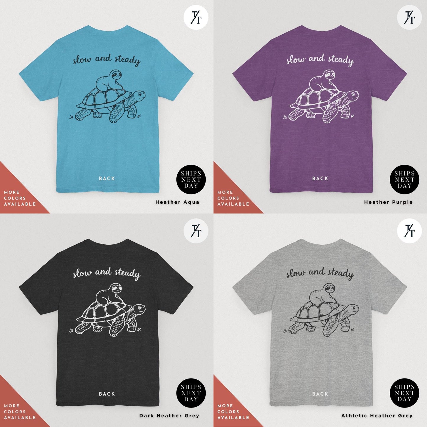 a group of t - shirts with different designs on them, a picture of a sloth riding a turtle on it, Sloth Riding Turtle Shirt, Sloth Lover Gift, Vintage Retro Shirt Running Shirt, Funny Animal Lover Tee, Slow and Steady Cute Tortoise Shirt