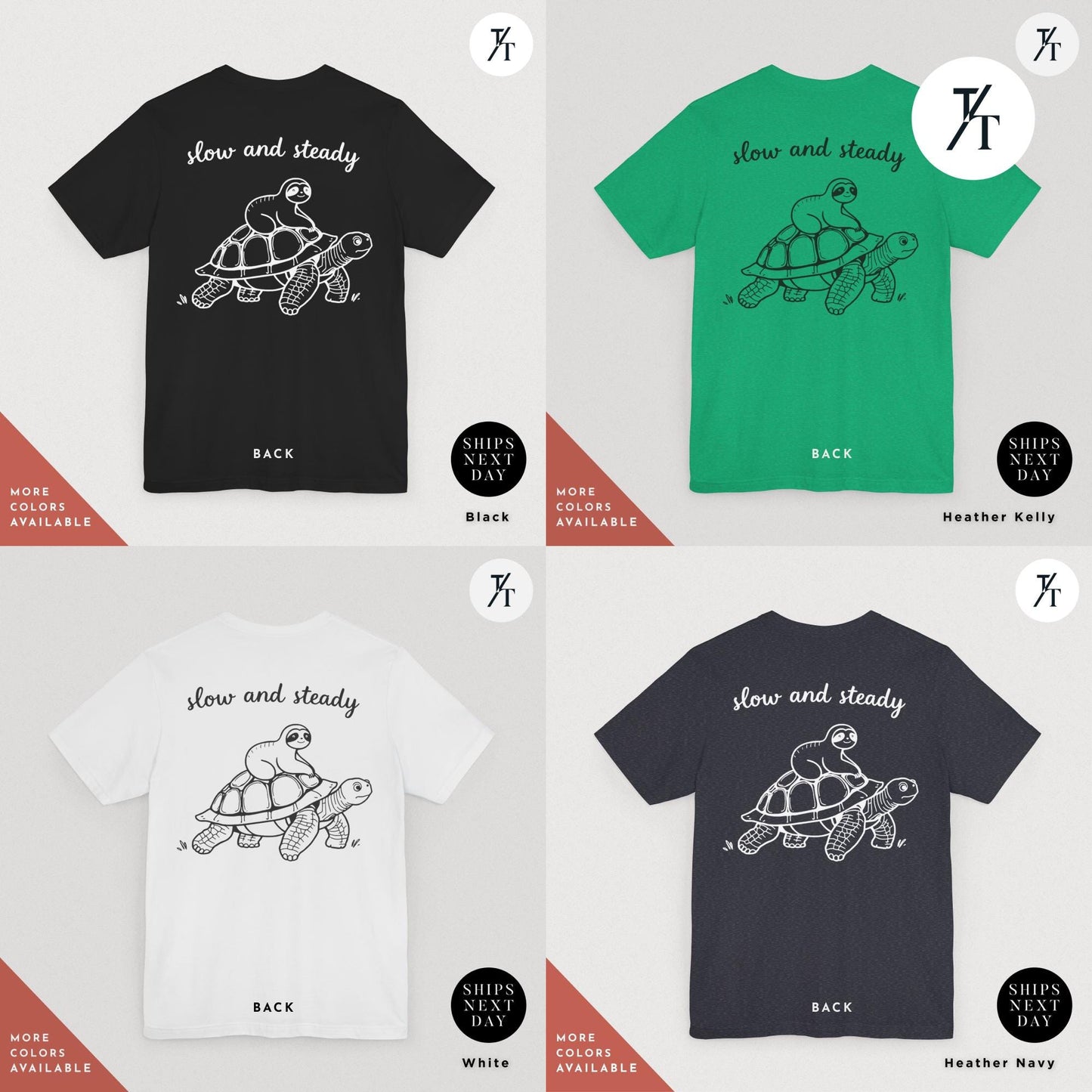 a group of four t - shirts with different designs on them, a picture of a sloth riding a turtle on it, Sloth Riding Turtle Shirt, Sloth Lover Gift, Vintage Retro Shirt Running Shirt, Funny Animal Lover Tee, Slow and Steady Cute Tortoise Shirt