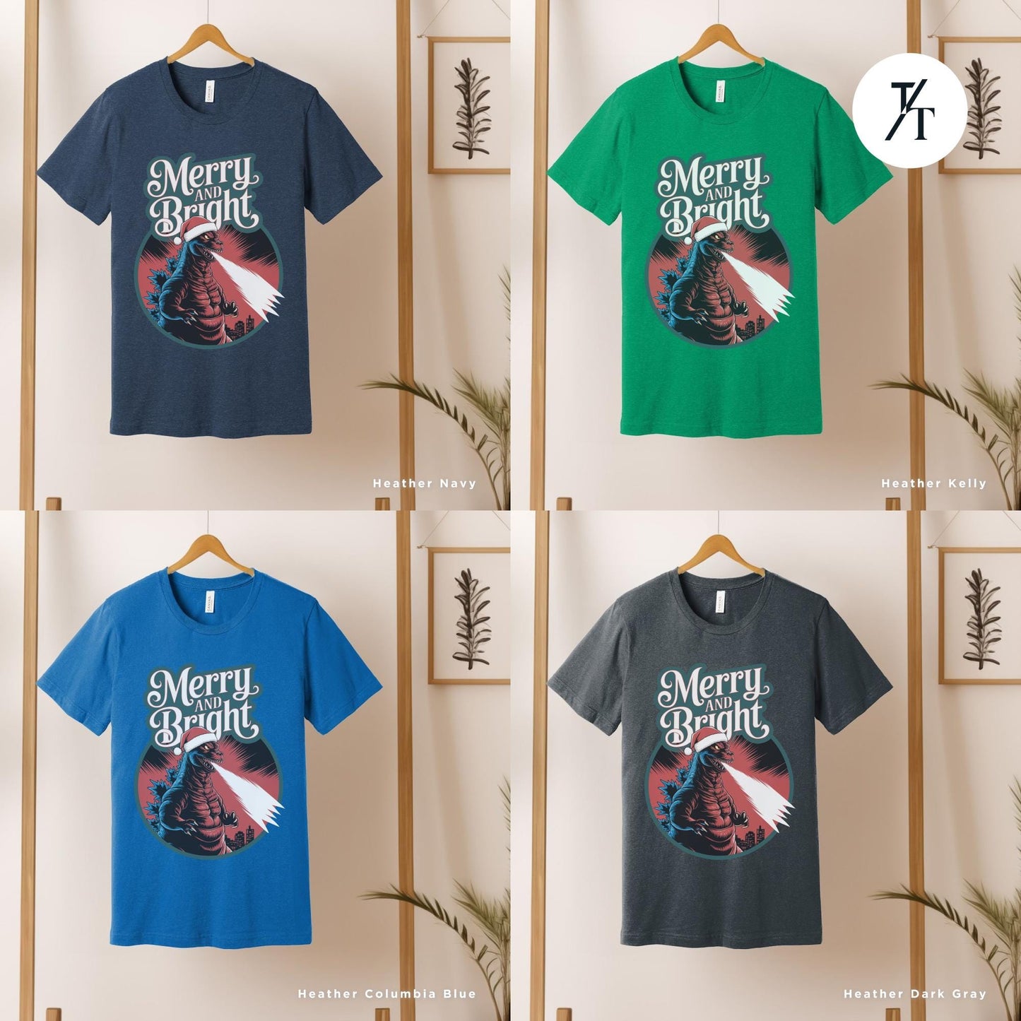 four different t - shirts with the words merry and bright on them, Godzilla christmas shirt, Gift For Him, Funny Christmas T-Shirt Men, Ugly Godzilla Holiday Party tShirt, King Of The Monsters Gifts For Dad