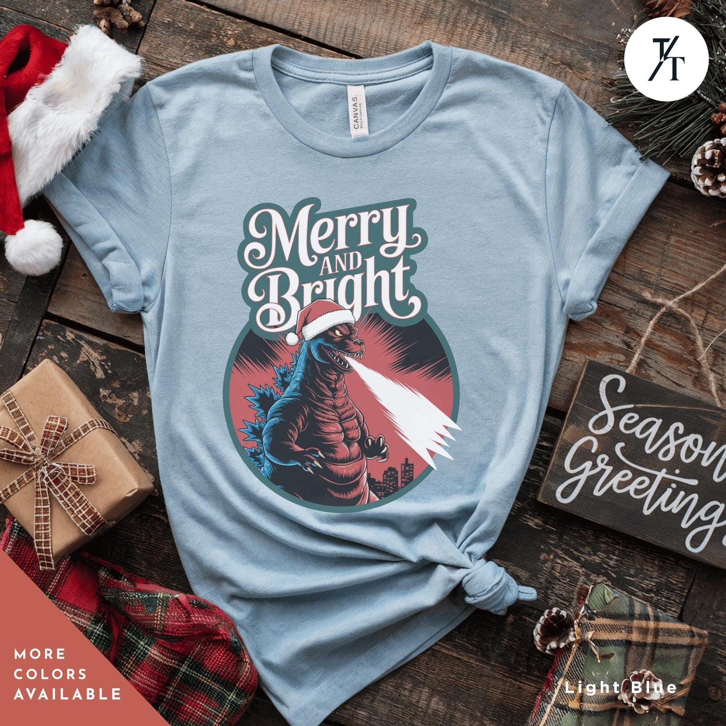 a t - shirt that says merry and bright with a godzilla on it, Godzilla christmas shirt, Gift For Him, Funny Christmas T-Shirt Men, Ugly Godzilla Holiday Party tShirt, King Of The Monsters Gifts For Dad