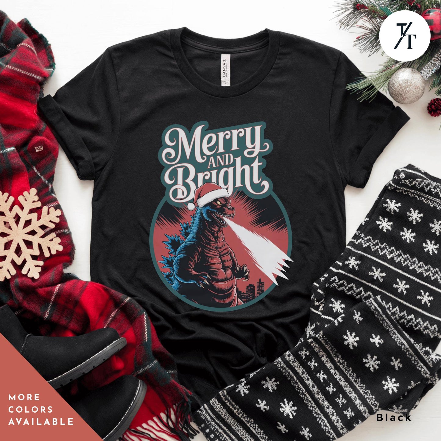 a t - shirt with the words merry and bright on it, Godzilla christmas shirt, Gift For Him, Funny Christmas T-Shirt Men, Ugly Godzilla Holiday Party tShirt, King Of The Monsters Gifts For Dad