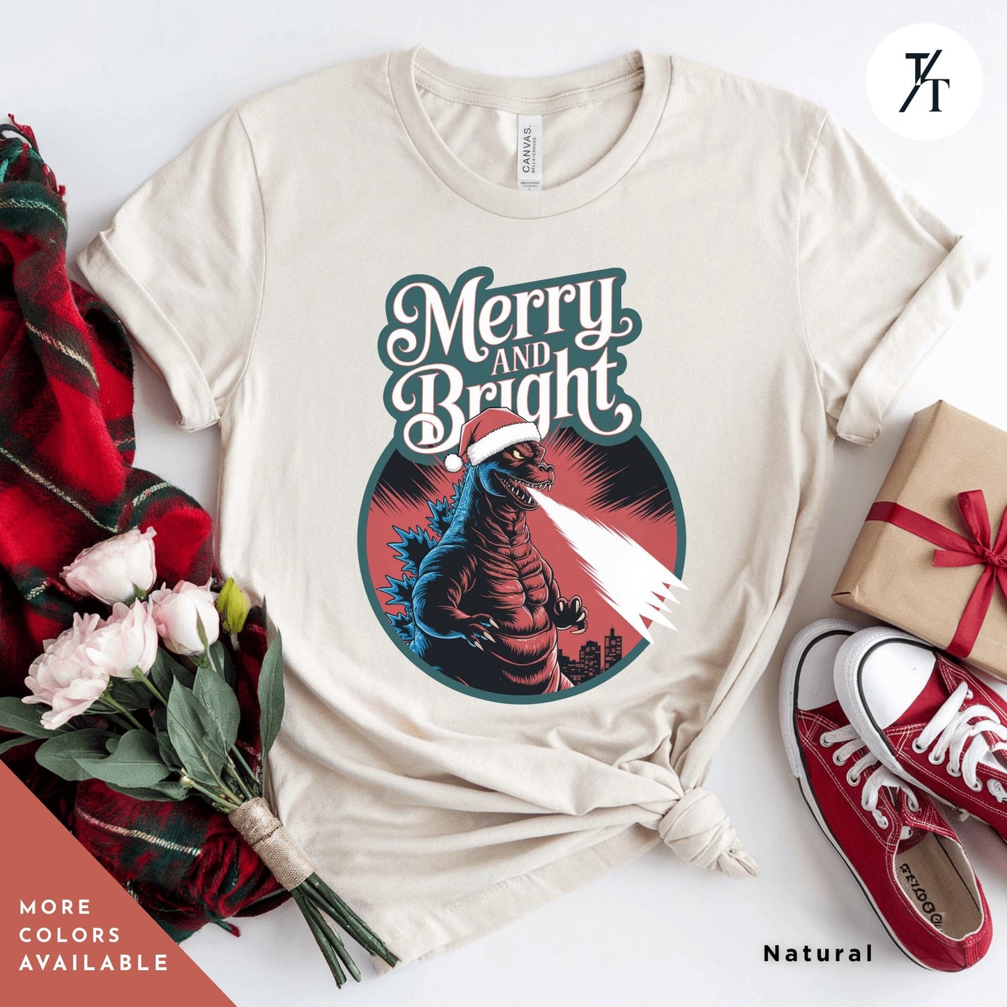 a t - shirt that says merry and bright with a godzilla on it, Godzilla christmas shirt, Gift For Him, Funny Christmas T-Shirt Men, Ugly Godzilla Holiday Party tShirt, King Of The Monsters Gifts For Dad
