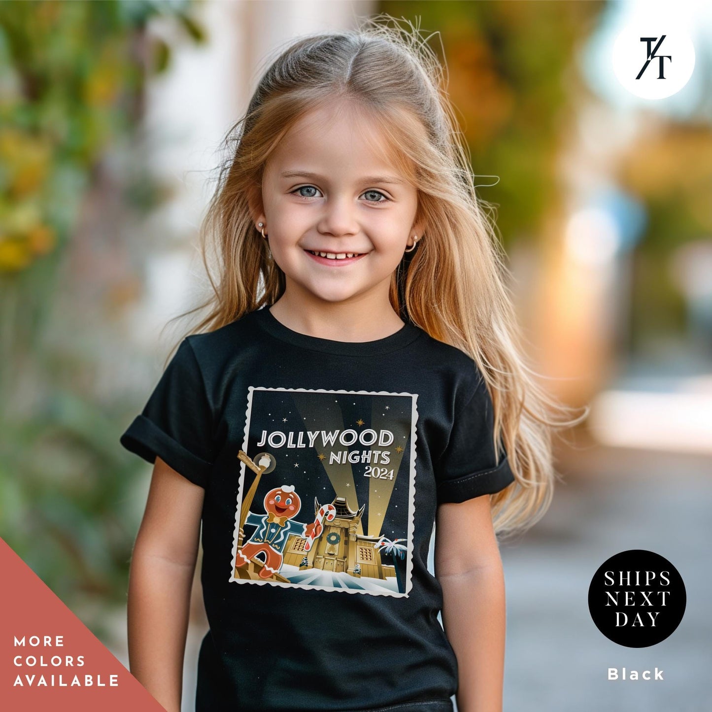 a little girl wearing a hollywood nights shirt, Kids Hollywood nights 2024 christmas shirt youth hollywood nights shirt for Studios Holiday Children's Matching Very Merry Merry Christmas