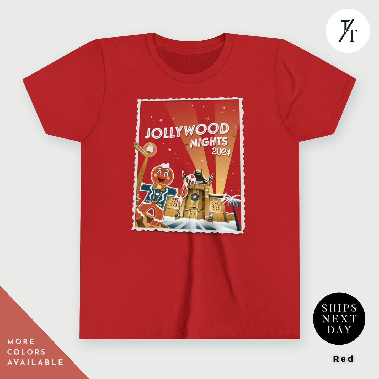 a red t - shirt with a picture of a santa clause on it, Kids Hollywood nights 2024 christmas shirt youth hollywood nights shirt for Studios Holiday Children's Matching Very Merry Merry Christmas