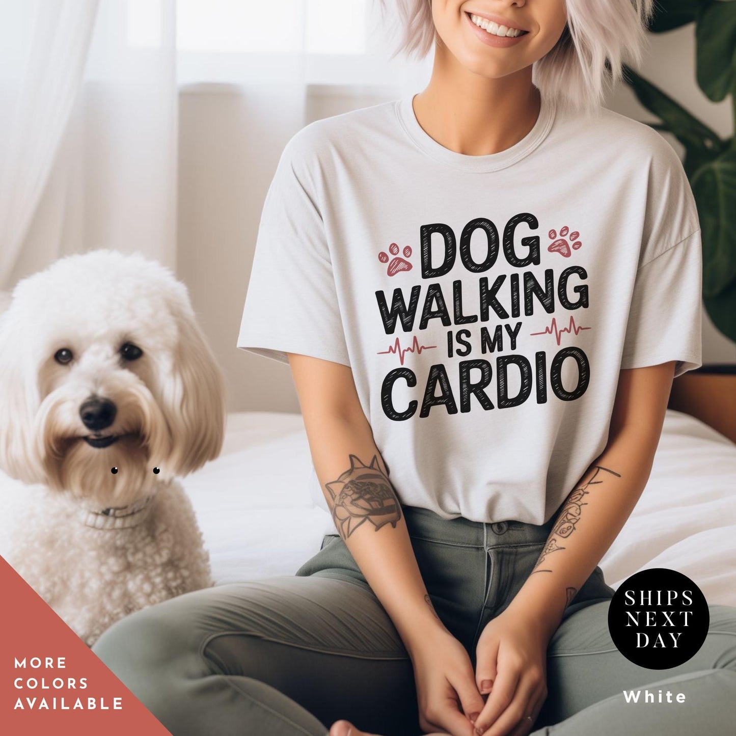 a woman sitting on a bed next to a white dog, Dog Walking Shirt, Gifts For Dog Lovers, Gift For Pet Lovers, Dogs Walker Shirt, Funny Dogs Shirt, Top Fashion Gifts For Mom, funny pet tee