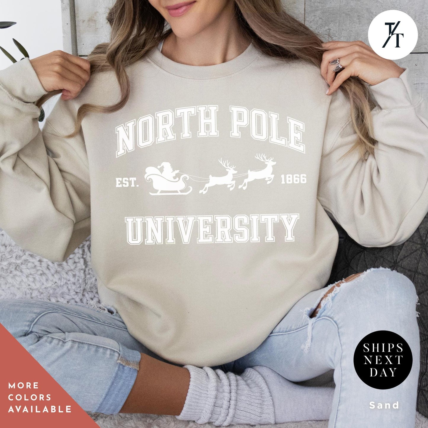 a woman wearing a sweatshirt that says north pole university, North Pole university sweatshirt, Christmas Sweatshirt, Christmas Gift, North Pole Sweater, Xmas Shirt, Winter University, College Sweater