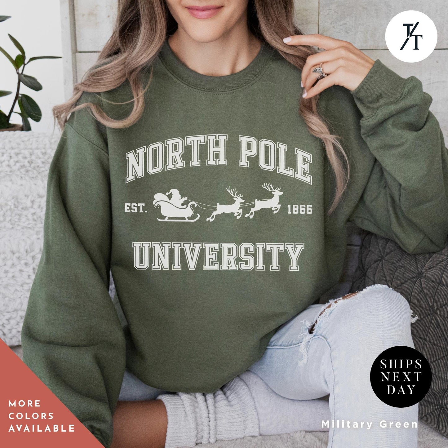 a woman wearing a north pole university sweatshirt, North Pole university sweatshirt, Christmas Sweatshirt, Christmas Gift, North Pole Sweater, Xmas Shirt, Winter University, College Sweater