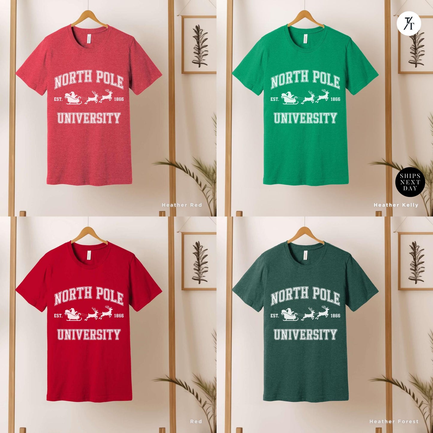 four t - shirts with north pole university on them, North Pole University shirt, Holiday Shirt, Christmas shirt, Cute Christmas Holiday Tee, Vintage Northpole University ChristmasTree Crewneck