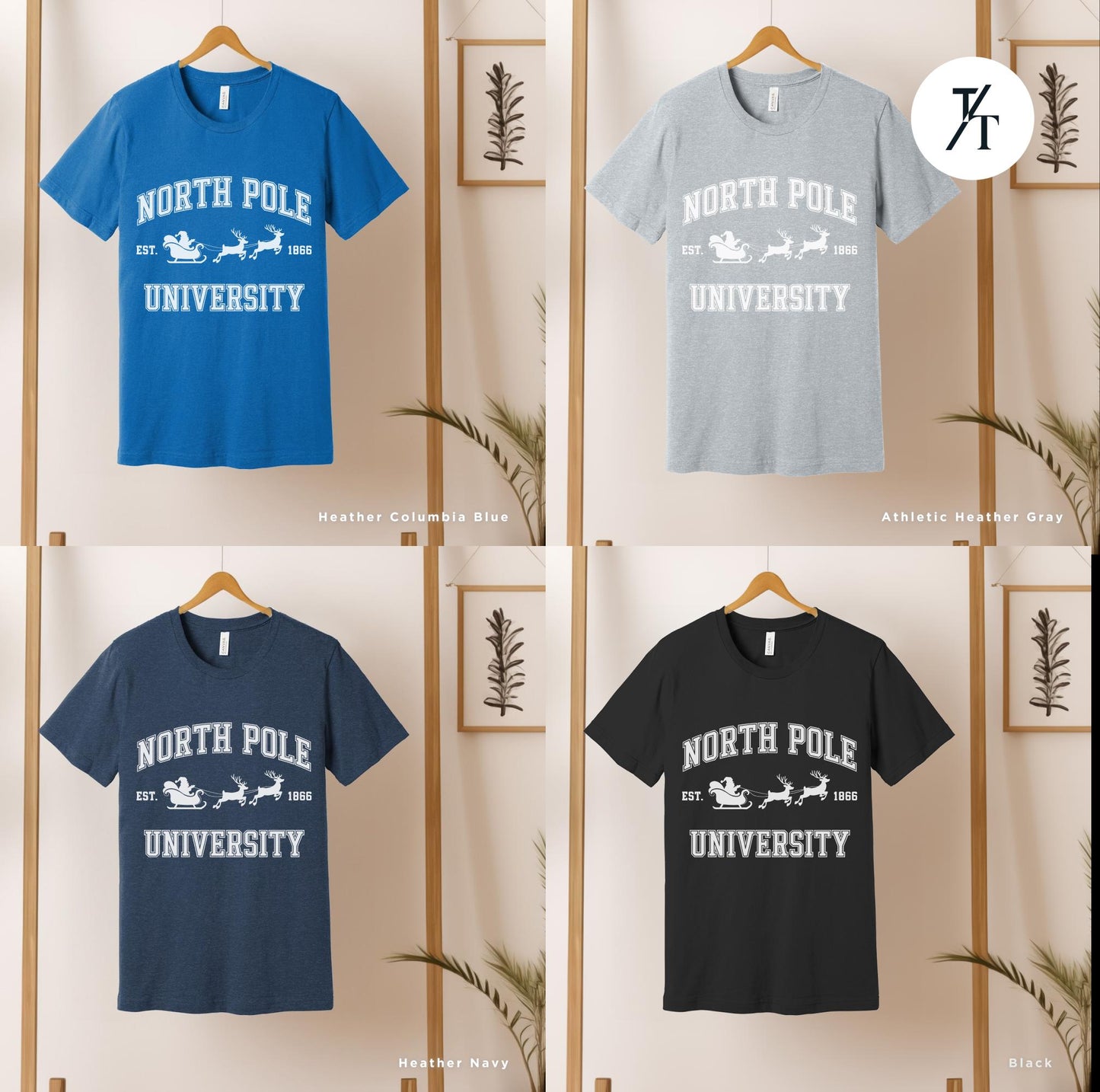 four different t - shirts with the words north pole university on them, North Pole University shirt, Holiday Shirt, Christmas shirt, Cute Christmas Holiday Tee, Vintage Northpole University ChristmasTree Crewneck