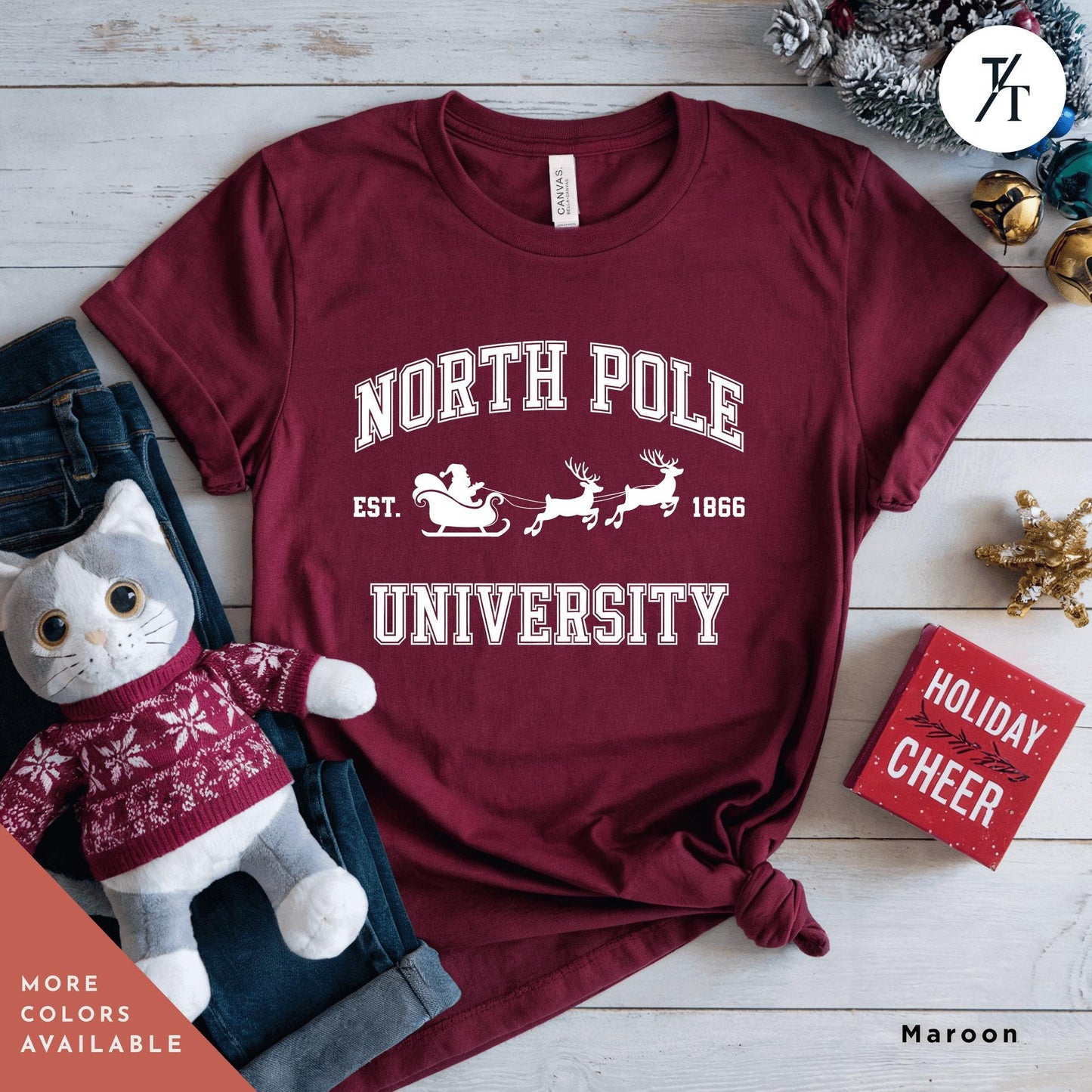 a t - shirt that says north pole university with a cat and sleigh, North Pole University shirt, Holiday Shirt, Christmas shirt, Cute Christmas Holiday Tee, Vintage Northpole University ChristmasTree Crewneck