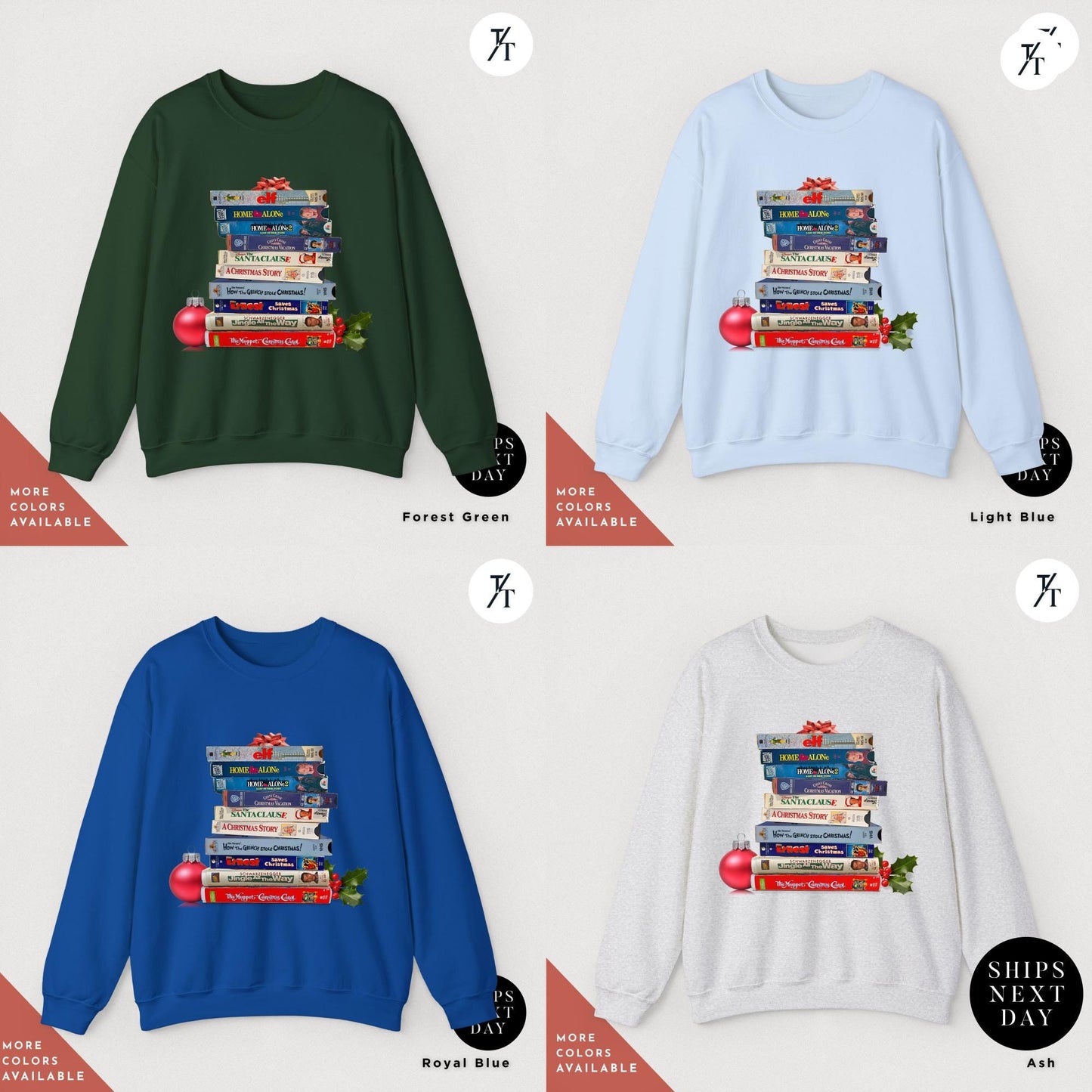 a group of four sweaters with VHS tapes on it, Vintage christmas vhs sweatshirt, Christmas Sweatshirt, Holiday Crewneck, Vhs Movies Sweater, Gift For Her, Retro Xmas Video Cassette Tapes