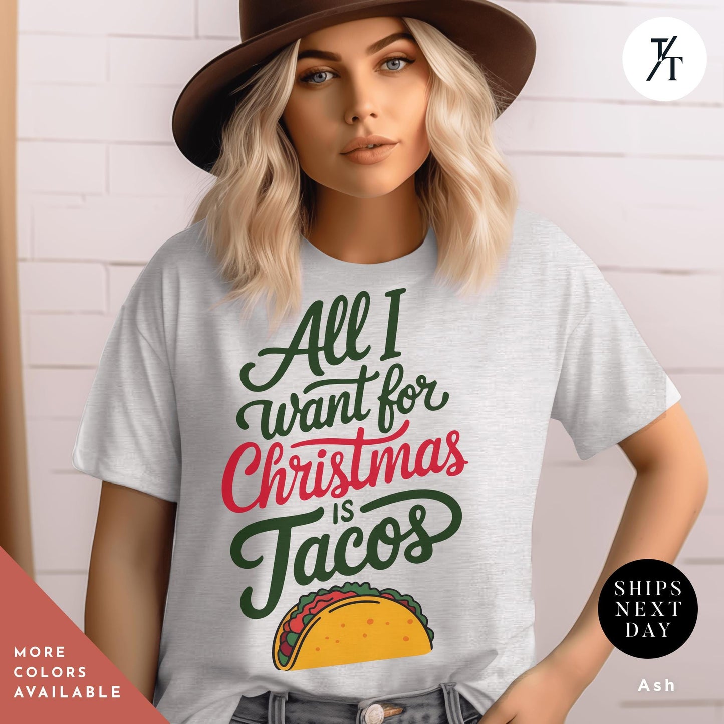 a woman wearing a t - shirt that says all i want for christmas is tacos, Funny Christmas Is Tacos Christmas Shirt, Funny Taco Shirt,Gift For Christmas, Tacos Lover Gift For Her, All I Want For Xmas, Funny Holiday