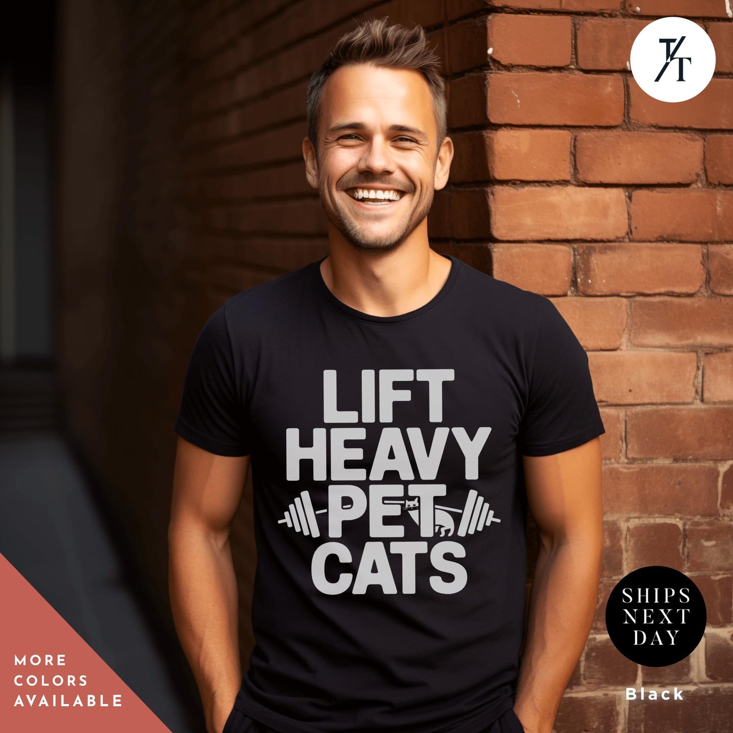 a man standing in front of a brick wall, Lift Heavy Pet Cats Weightlifter Shirt, Funny Workout Tee Gift For Cat Lovers, Weightlifter Gift for Gym Lover, Fitness Gifts For Cat Moms
