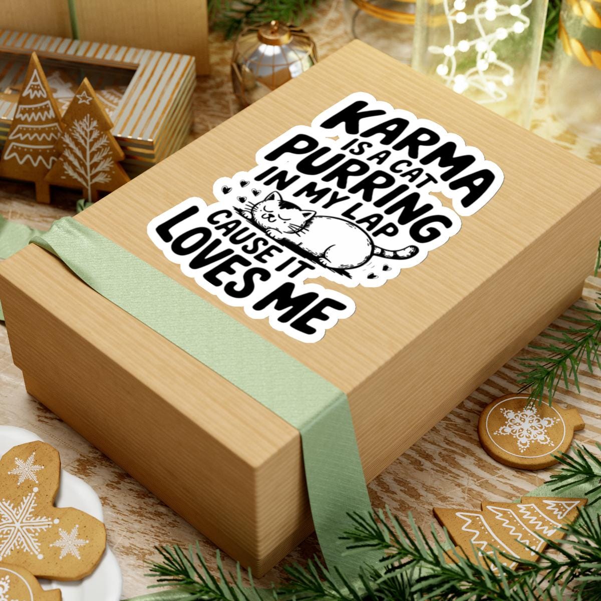 a box with a sticker on it sitting on a table, Karma Is A Cat Decal, Karma Cat Sticker, Swiftie Merch, Taylor Sticker, Water Bottle Vinyl Stickers Laptop Stickers Eras Tour Cute Cat Decal