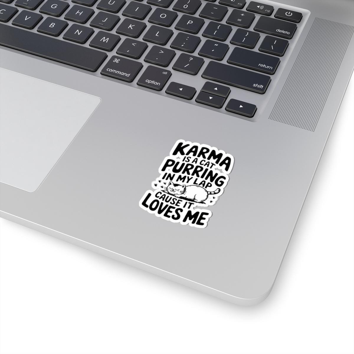 a laptop computer with a sticker on it, Karma Is A Cat Decal, Karma Cat Sticker, Swiftie Merch, Taylor Sticker, Water Bottle Vinyl Stickers Laptop Stickers Eras Tour Cute Cat Decal