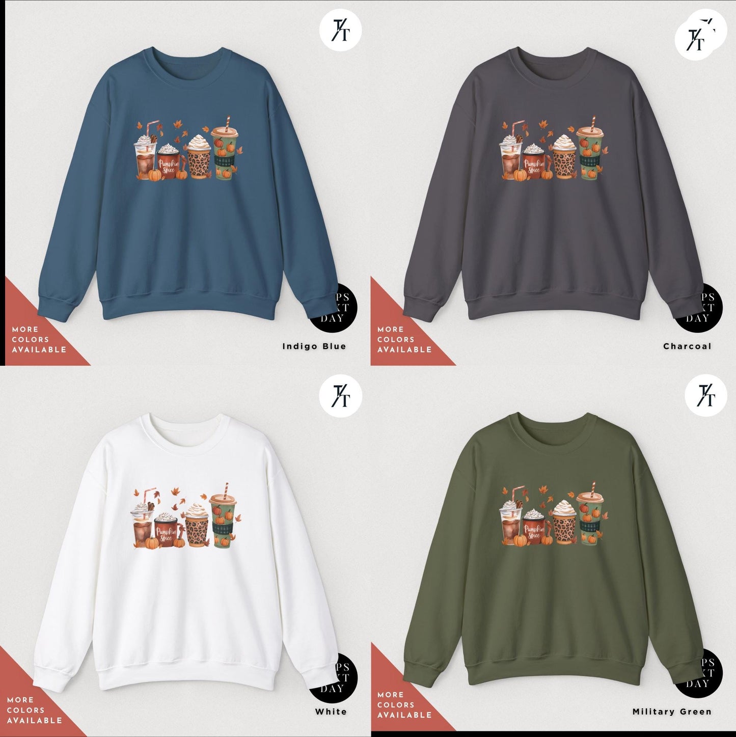 four sweatshirts with different images of different beverages on them, fall coffee sweatshirt for women, thanksgiving sweater, Thanksgiving Shirt, pumpkin spice sweatshirt, fall crewneck tee, pumpkin spice shirt