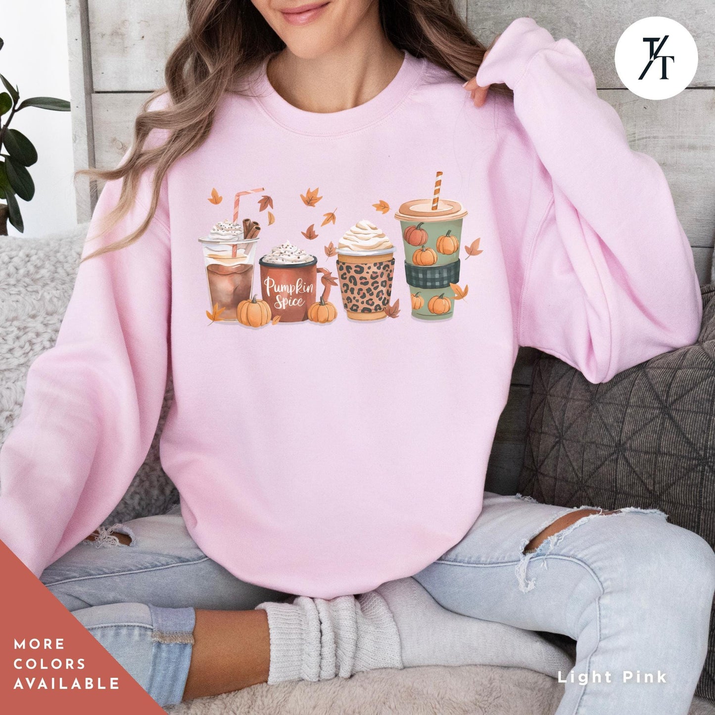 a woman sitting on a couch wearing a pink sweatshirt, fall coffee sweatshirt for women, thanksgiving sweater, Thanksgiving Shirt, pumpkin spice sweatshirt, fall crewneck tee, pumpkin spice shirt