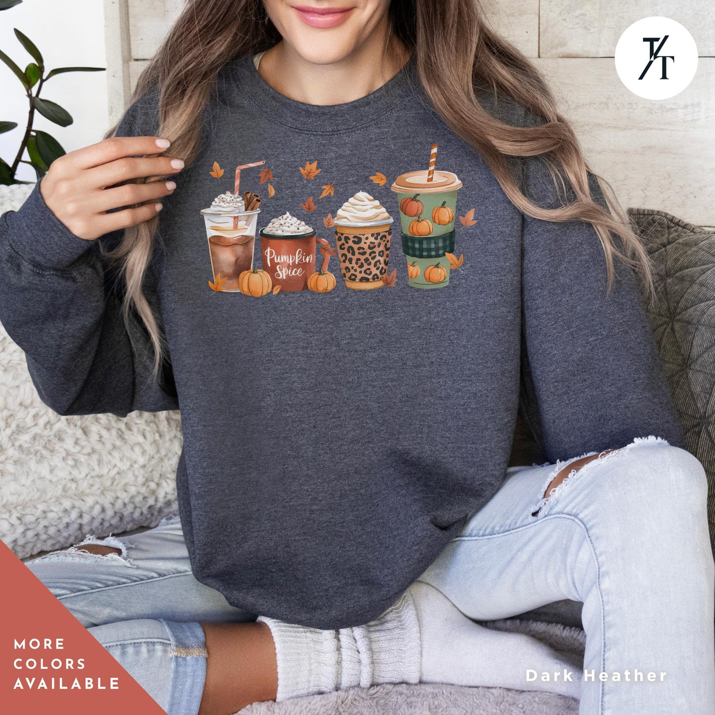 a woman sitting on a couch wearing a sweatshirt, fall coffee sweatshirt for women, thanksgiving sweater, Thanksgiving Shirt, pumpkin spice sweatshirt, fall crewneck tee, pumpkin spice shirt