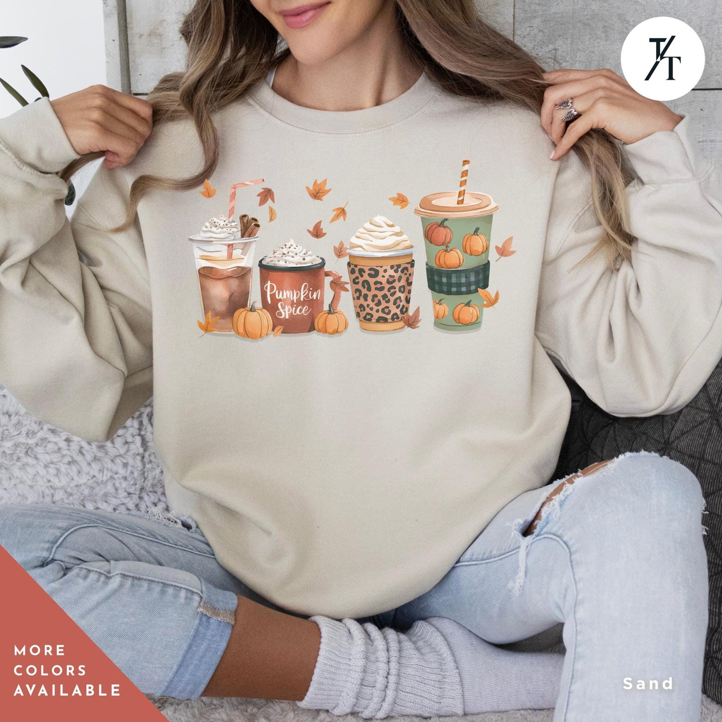 a woman sitting on a couch holding up a sweatshirt, fall coffee sweatshirt for women, thanksgiving sweater, Thanksgiving Shirt, pumpkin spice sweatshirt, fall crewneck tee, pumpkin spice shirt