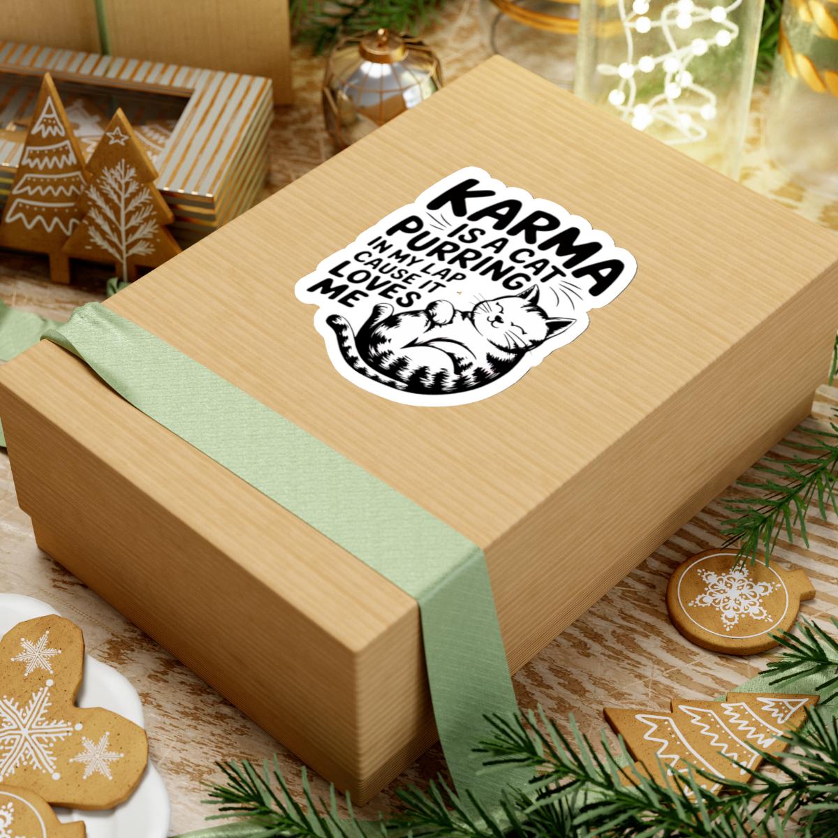 a box with a sticker on it sitting on a table, Karma Is A Cat Decal, Karma Cat Sticker, Swiftie Merch, Taylor Sticker, Water Bottle Vinyl Laptop Stickers Eras Tour Cute Cats Decal