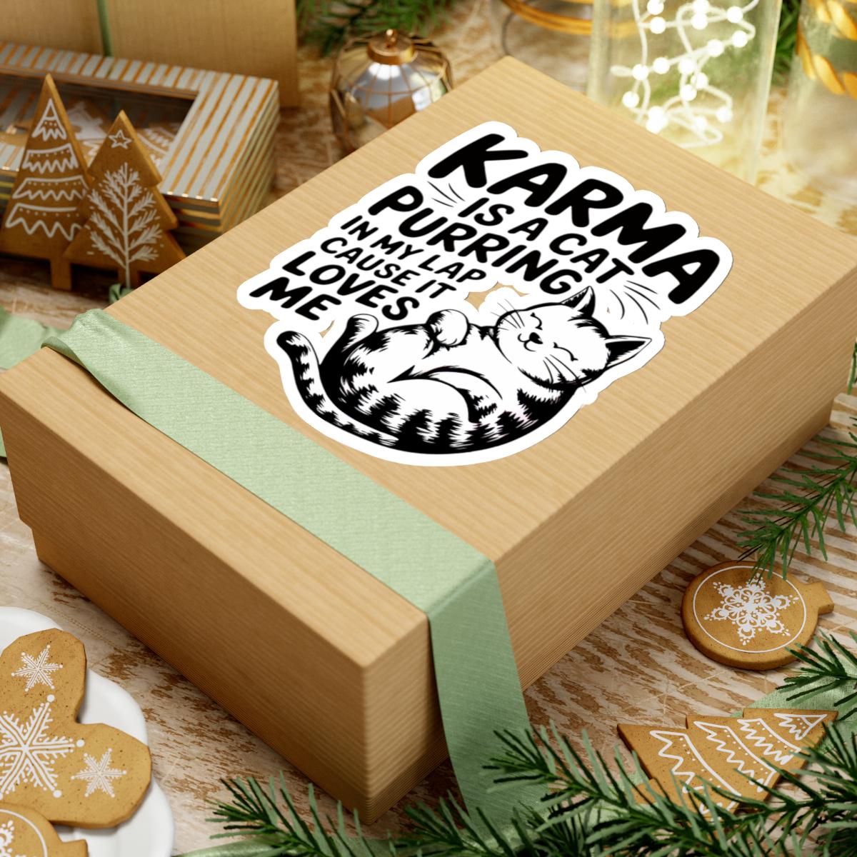 a box with a sticker of a cat on it, Karma Is A Cat Decal, Karma Cat Sticker, Swiftie Merch, Taylor Sticker, Water Bottle Vinyl Laptop Stickers Eras Tour Cute Cats Decal
