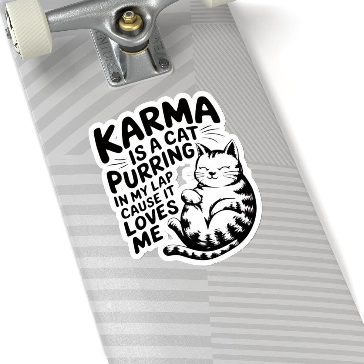 a skateboard with a cat sticker on it, Karma Is A Cat Decal, Karma Cat Sticker, Swiftie Merch, Taylor Sticker, Water Bottle Vinyl Laptop Stickers Eras Tour Cute Cats Decal