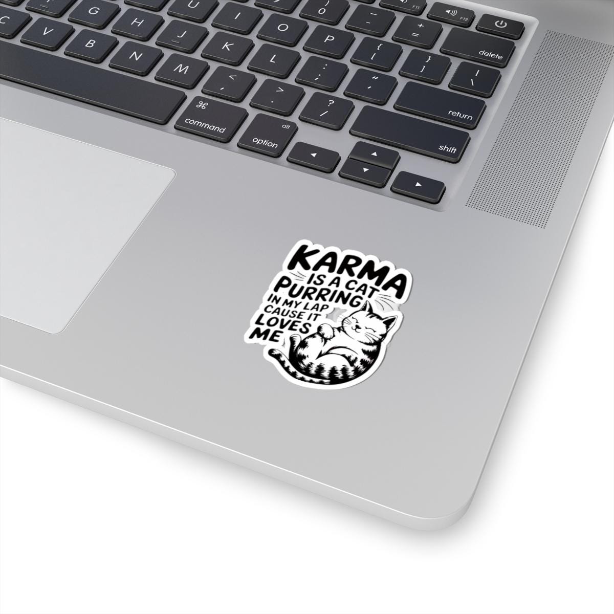 a laptop computer with a sticker on it, Karma Is A Cat Decal, Karma Cat Sticker, Swiftie Merch, Taylor Sticker, Water Bottle Vinyl Laptop Stickers Eras Tour Cute Cats Decal