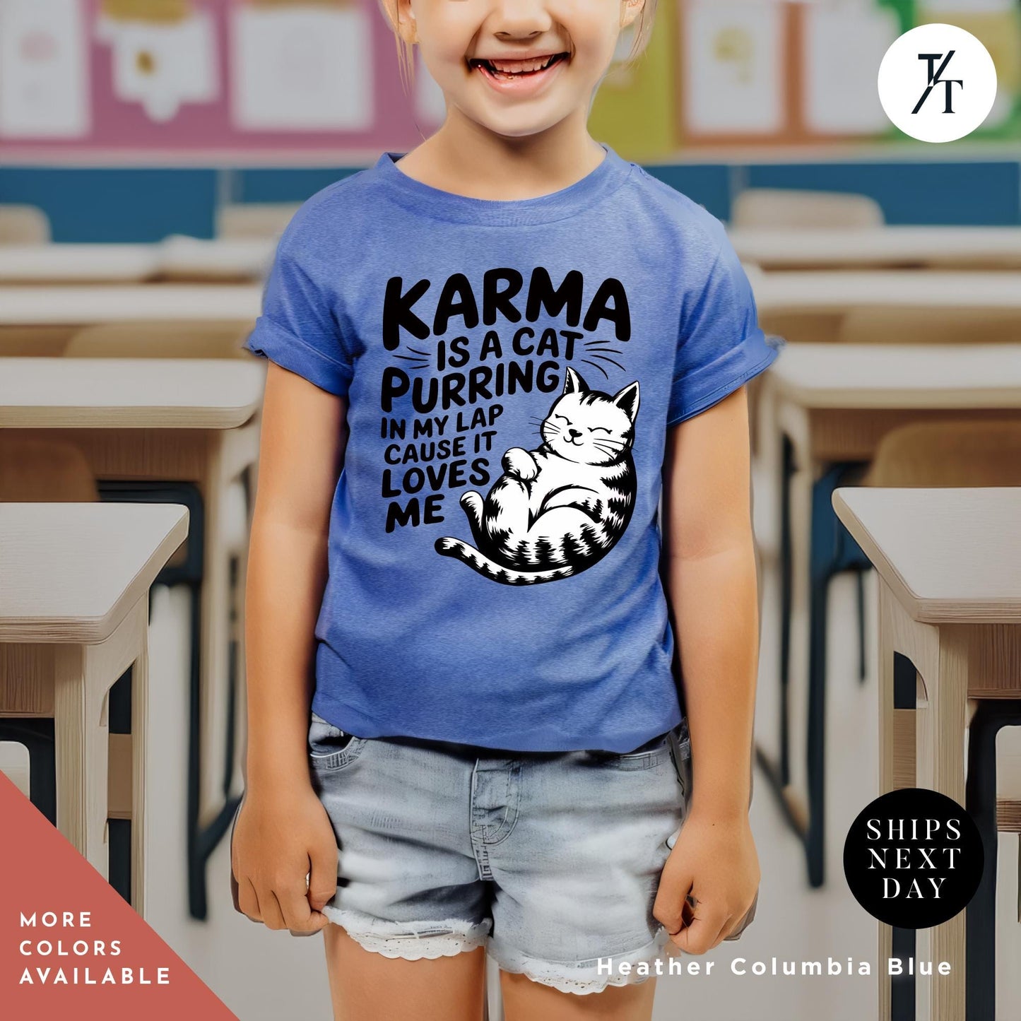 a young girl wearing a blue shirt with a cat on it, Karma Is A Cat Shirt Youth, Swiftie Shirt Youth, I Love My Cat, Top Selling T Shirts, 2024 Trends, Cats Lover gift, The Eras Tour Shirts