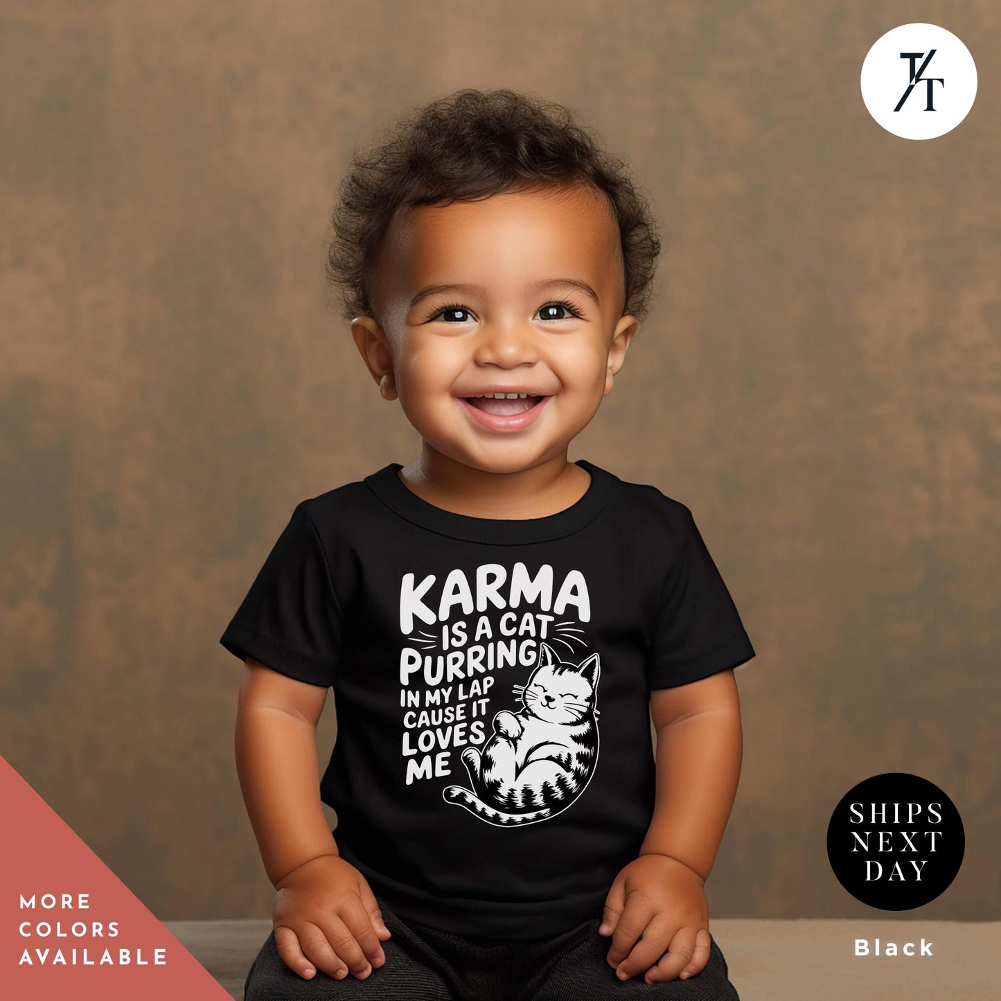 a baby sitting on a table wearing a black shirt, Karma Is A Cat Toddler Shirt, Karma Is A Cat Shirt, Cats Lover Shirts, Funny Cats Shirts, Gift For Swiftie, Swiftie Kids Clothes Toddler