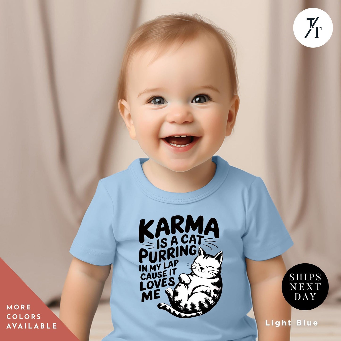 a baby wearing a blue shirt with a cat on it, Karma Is A Cat Toddler Shirt, Karma Is A Cat Shirt, Cats Lover Shirts, Funny Cats Shirts, Gift For Swiftie, Swiftie Kids Clothes Toddler