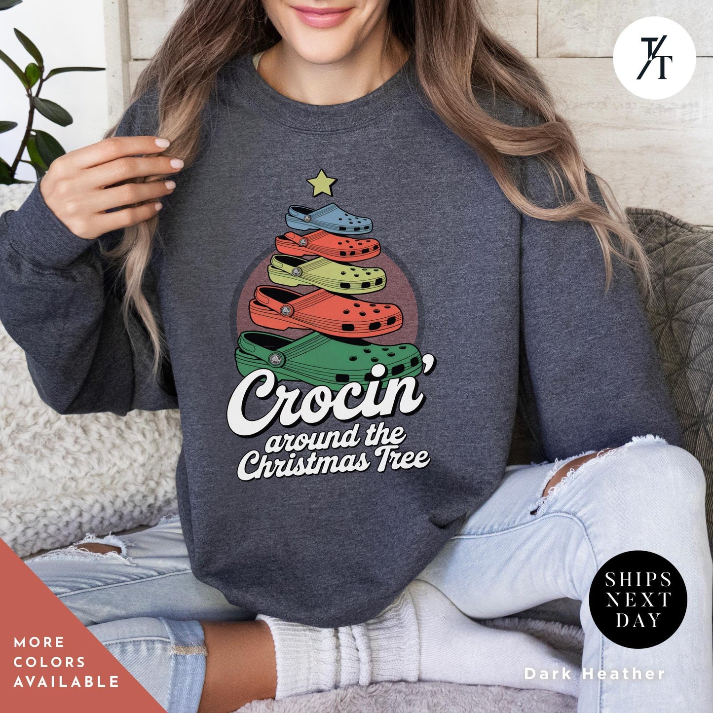 a woman sitting on a couch wearing a gray sweatshirt with a christmas tree on it, Crocin Around the Christmas Tree Christmas Sweatshirt, Crocin Around Tree Sweater, Holiday Sweatshirt, Funny Xmas Shirt, Funny Xmas Gift